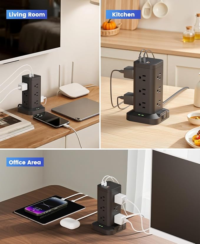Power Strip Tower with Surge Protector 1800J, Fast Charging Tower PD20W USB-C
