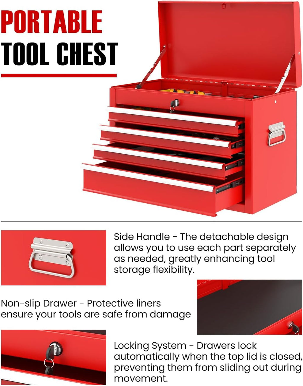 arnot 2-in-1 rolling tool chest with 5 drawers showing dimensions