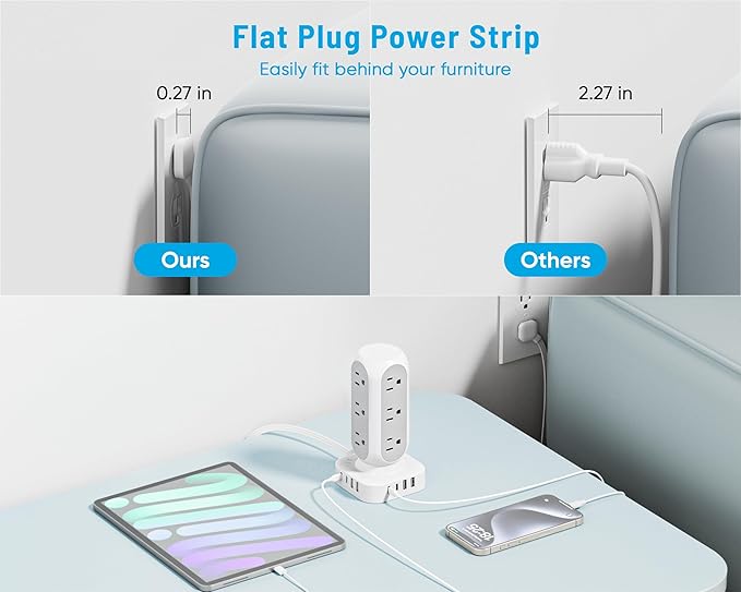 Flat Plug Power Strip Tower 15FT, 40W Total Fast Charging Station, Dual PD 20W