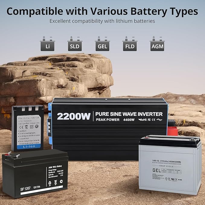2200W Pure Sine Wave Inverter, 1 USB Port 5v/2.4a, LCD Display&Remote Controller