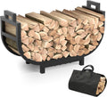 34 Inch Firewood Rack Outdoor Indoor with Handle and Log Carrier Bag, Stable Metal Wood Rack Heavy Duty Log Holder for Fireplace Patio Deck, Rustproof Firewood Storage Organizer Tool, Black