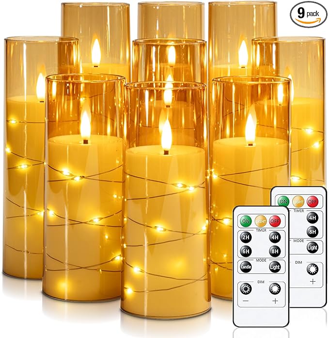 Raycare Flameless Candle with Remote Timer – 9 Flickering Acrylic Battery Operated LED Pillar Candles with Embedded Star String for Halloween, Home Decor, and as a Gift(Glod) (9 Pcs)