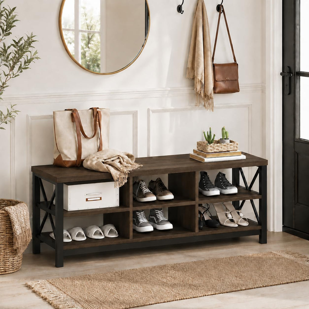 FATORRI Industrial Shoe Bench with Storage, Rustic Entryway Bench