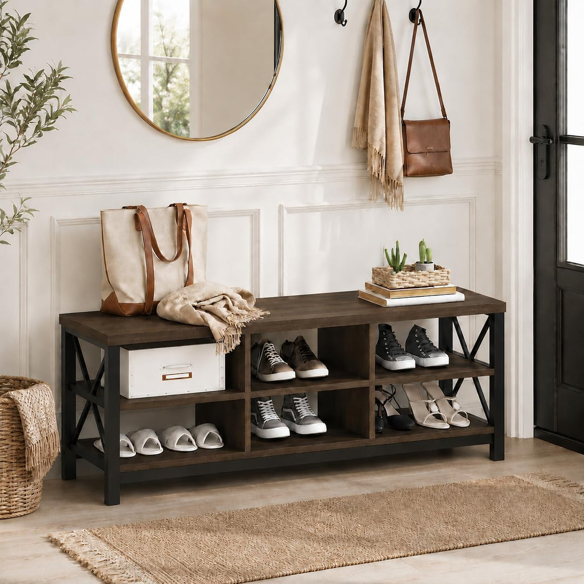 FATORRI Industrial Shoe Bench with Storage, Rustic Entryway Bench