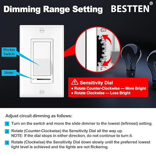 BESTTEN 10 Pack Dimmer Light Switch, Single-Pole or 3-Way Dimmer Switches