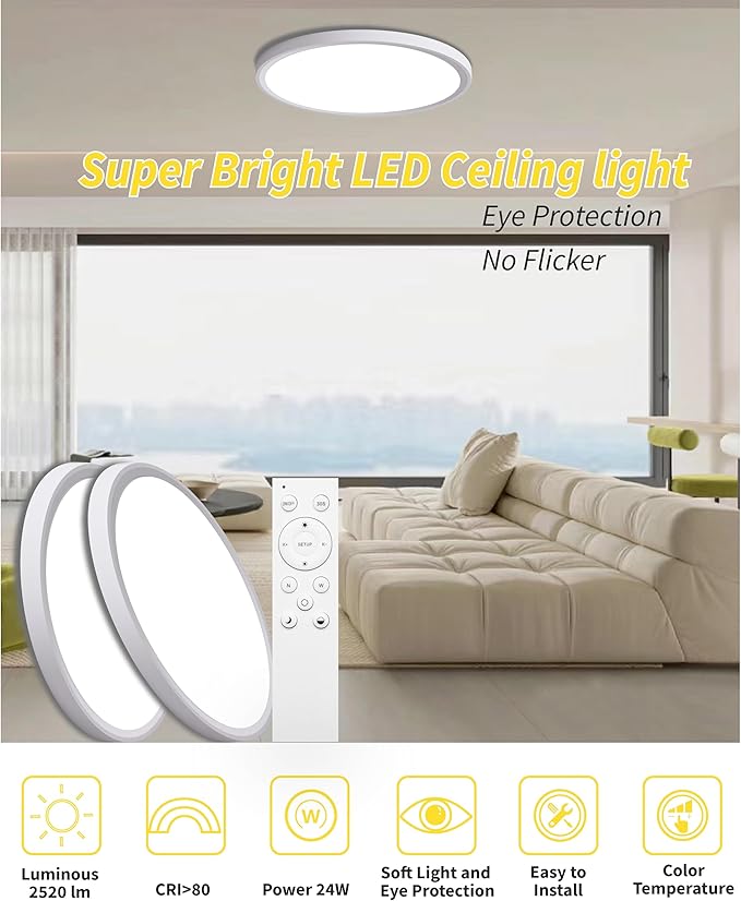 4Pack 12 Inch Remote Control Dimmable LED Flush Mount Ceiling Light Panel