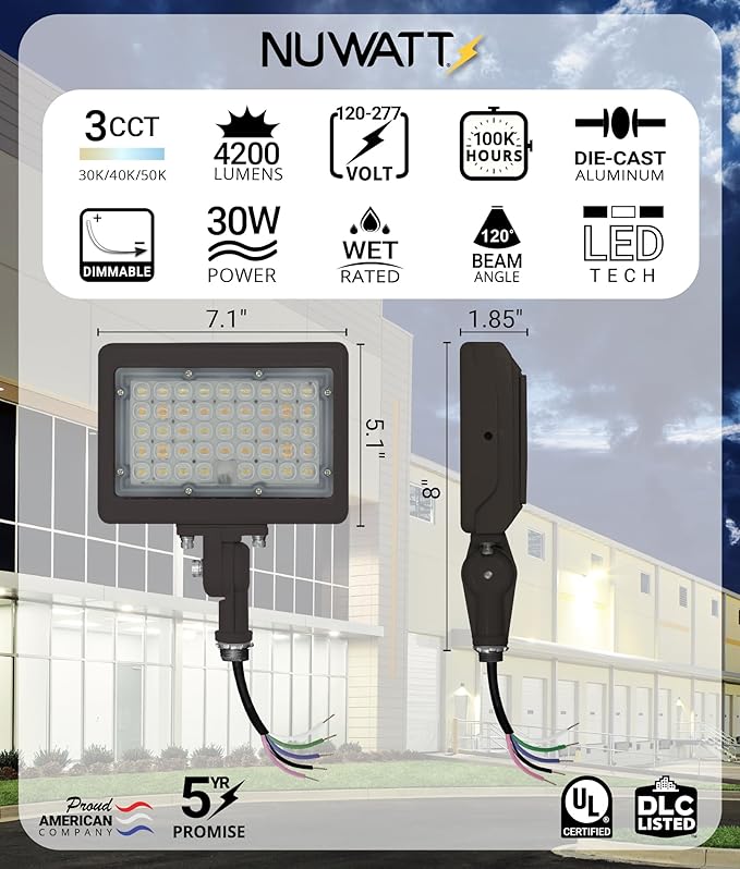 NUWATT 30W LED Flood Light, 3CCT 3000K/4000K/5000K Selectable, IP65 Waterproof