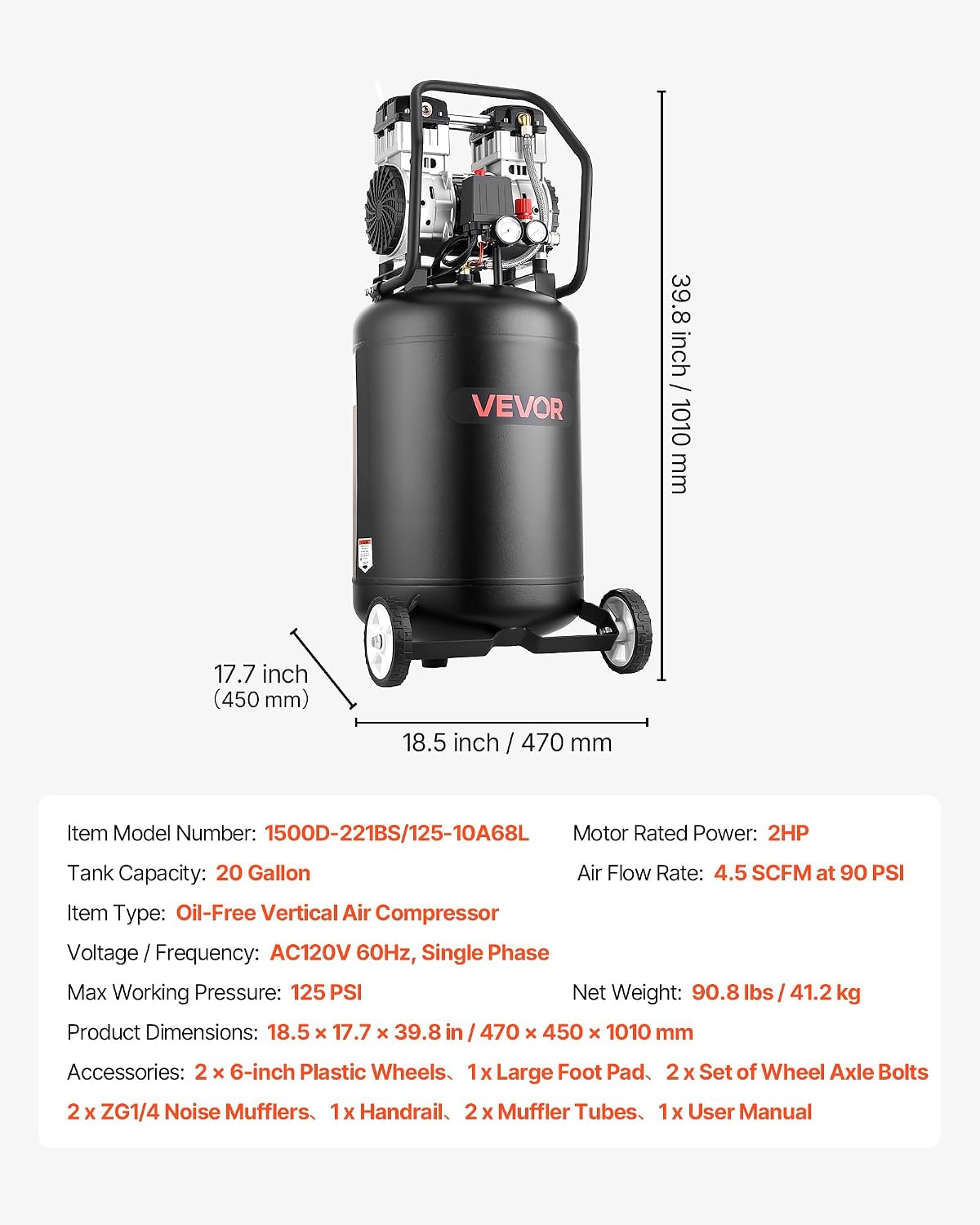 VEVOR 20-Gallon Air Compressor, 2HP 4.5 SCFM at 90PSI, Max 125PSI Pressure Oil-Free Air Compressor Tank, Portable on Wheels for Auto Repair, Tire Inflation, Spray Painting, Woodwork Nailing, 120V