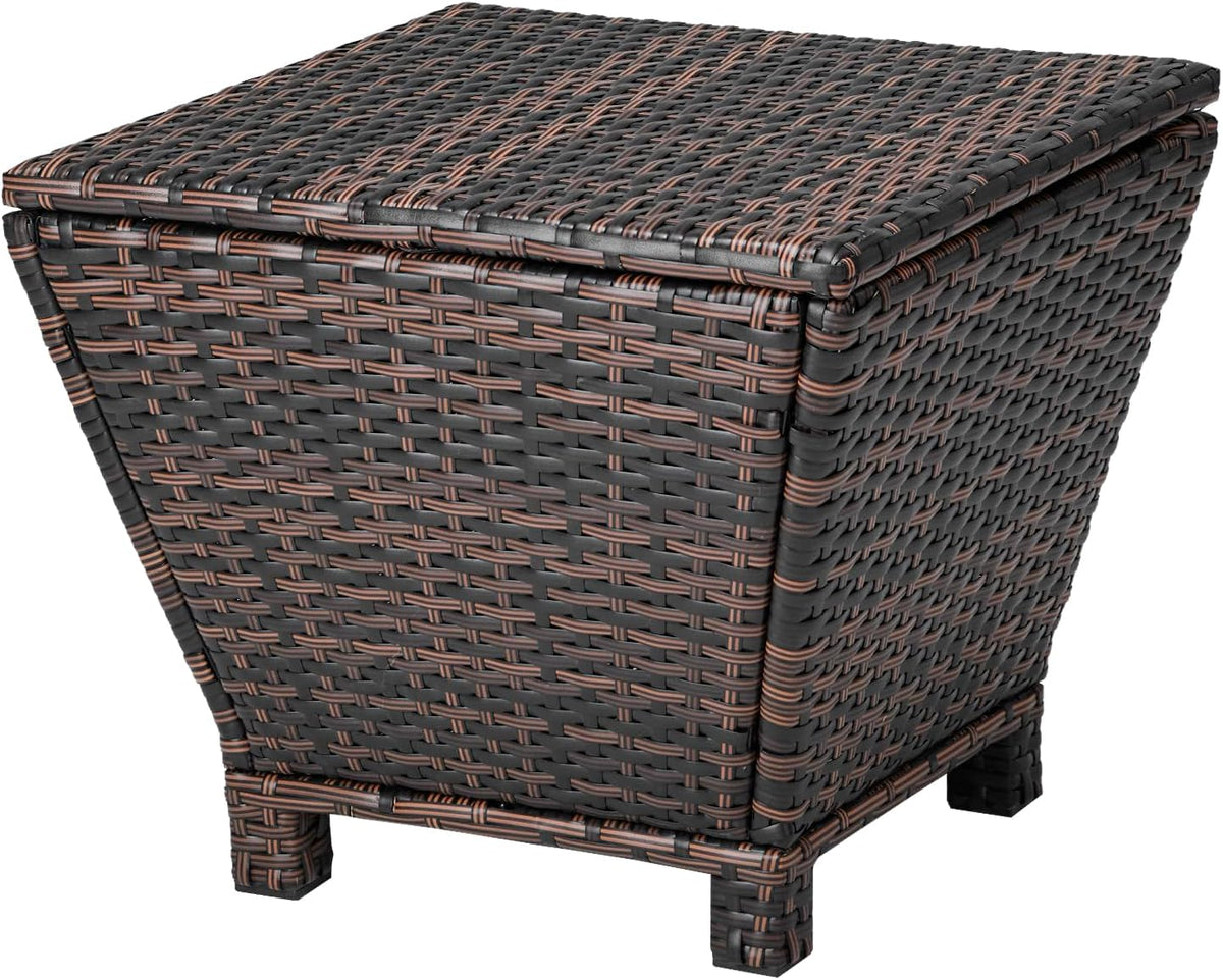 VINGLI 13 Gallon Outdoor Deck Box, Wicker Outdoor Storage Box with Lid, Small Storage Bin Container for Outside and Patio, Patio Rattan Side Table for Yard Porch (Brown, Trapezoidal)