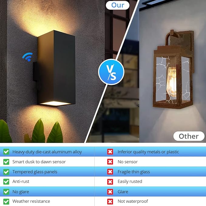 wowlite Outdoor Wall Lights Dusk to Dawn Sensor, 2700K Warm LED Up Down Sconce (2 Pack)