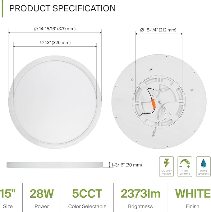 ASD LED 15" Round Flush Mount Ceiling Light Fixture, Low Profile Surface (6 Pack)