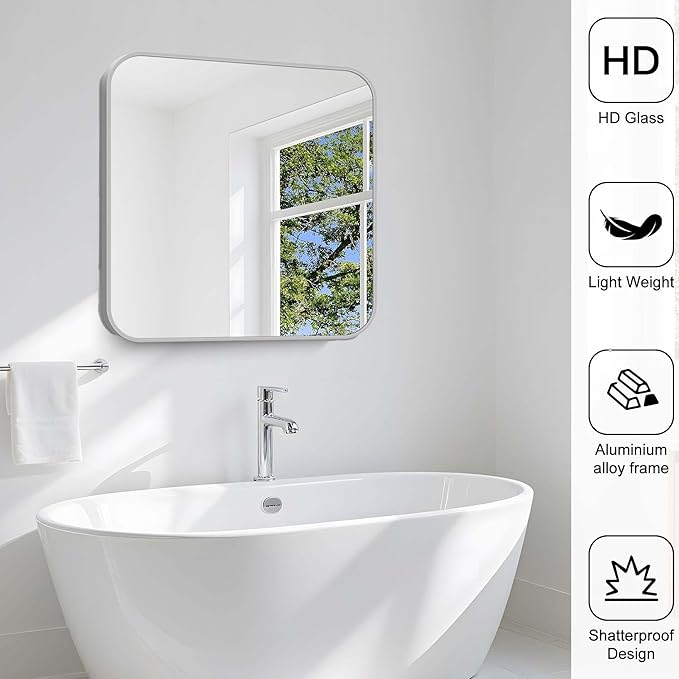 Silver Bathroom Mirror, 30 x 30 Inch Silver Square Mirror, Metal Framed