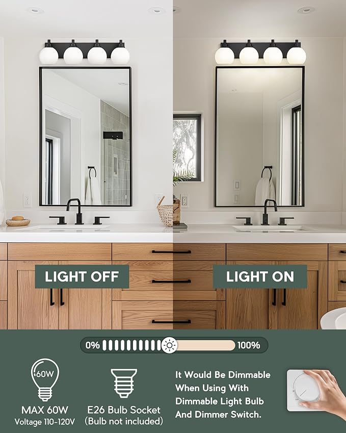 METWET Bathroom Light Fixtures, 4 Light Matte Black Vanity Light, 26 Inch