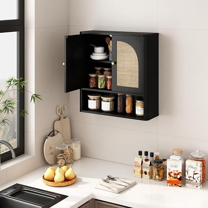RUSTOWN Rattan Bathroom Wall Cabinet, Over The Toilet Storage Cabinets