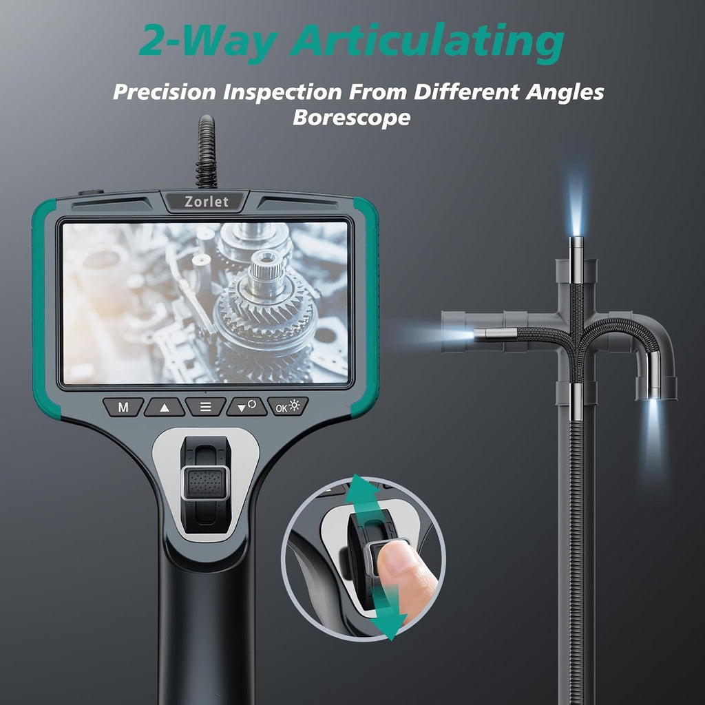 2-way articulating borescope, 0.25in/6.3mm probe, 5" screen, 5ft, close-up detail