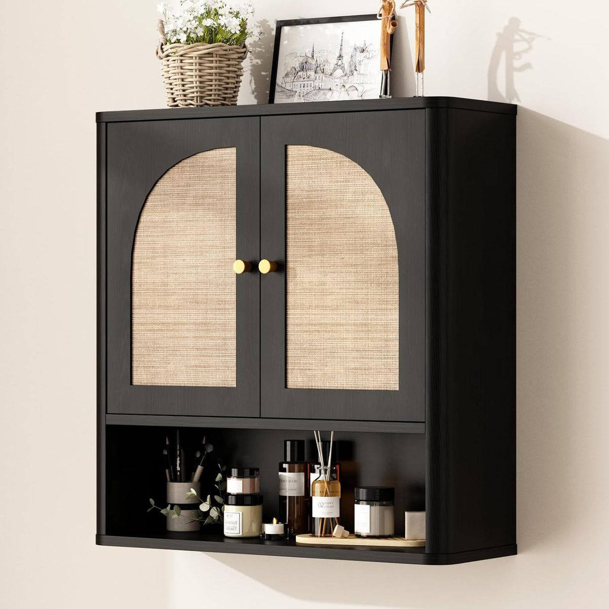 RUSTOWN Rattan Bathroom Wall Cabinet, Over The Toilet Storage Cabinets