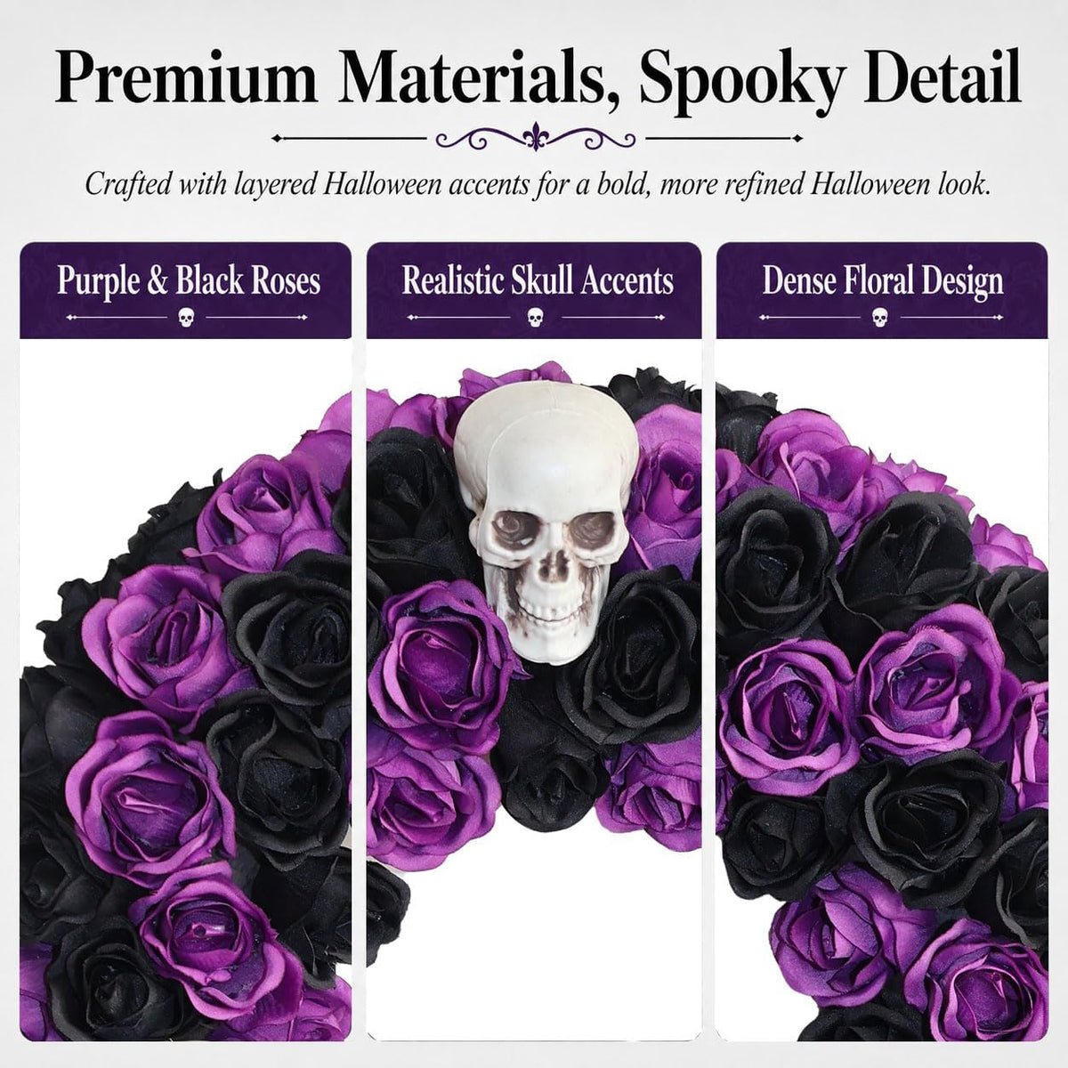 18 Inch Black & Purple Silk Rose Halloween Wreath, 6 Plastic Skulls