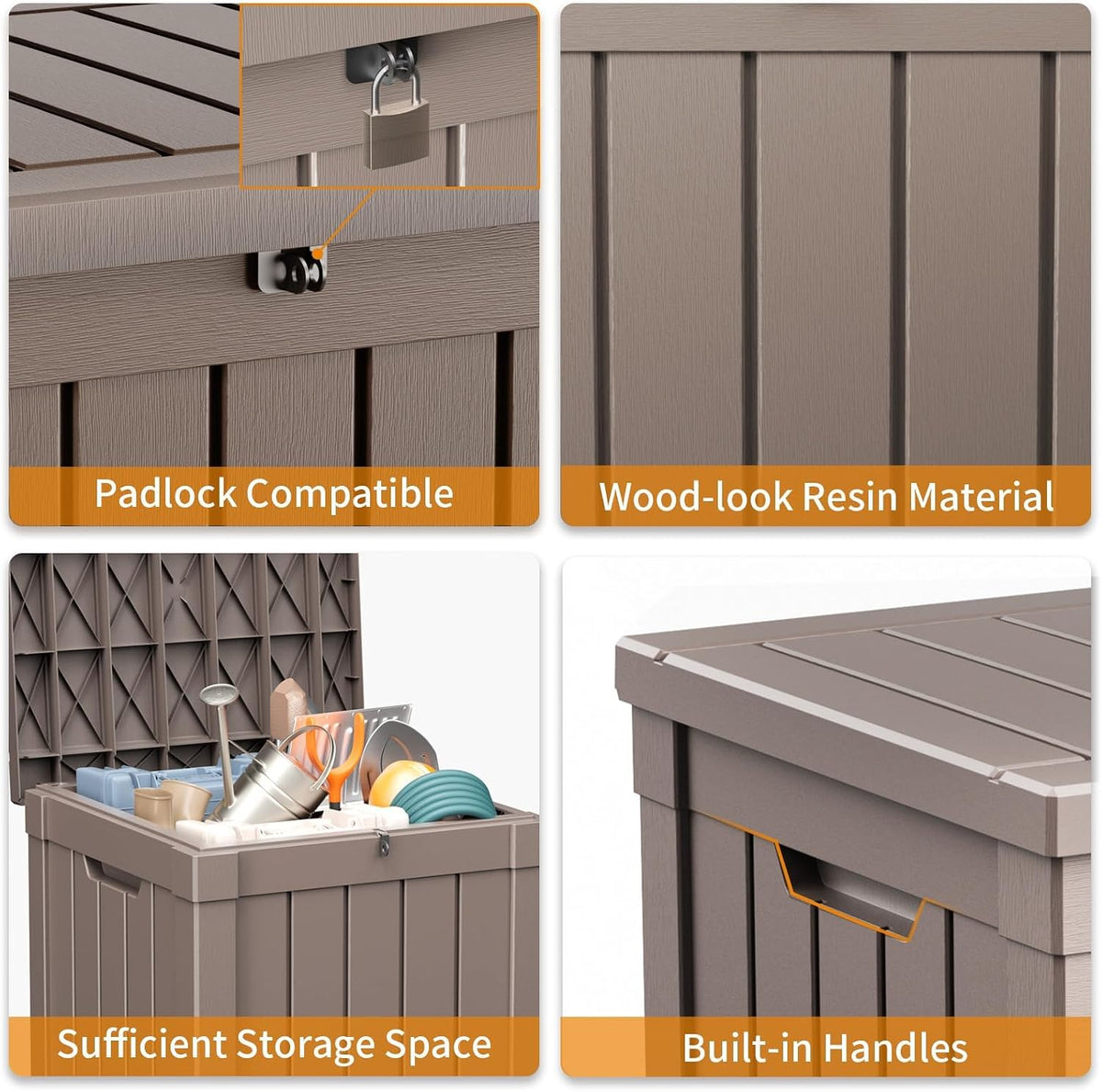 vixzen versatile resin deck box, all weather lockable showing dimensions