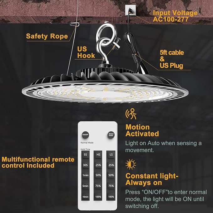 ACOHOOK Smart 350W LED High Bay Light Motion Sensor, 48000lm Commercial Bay (4Pack)