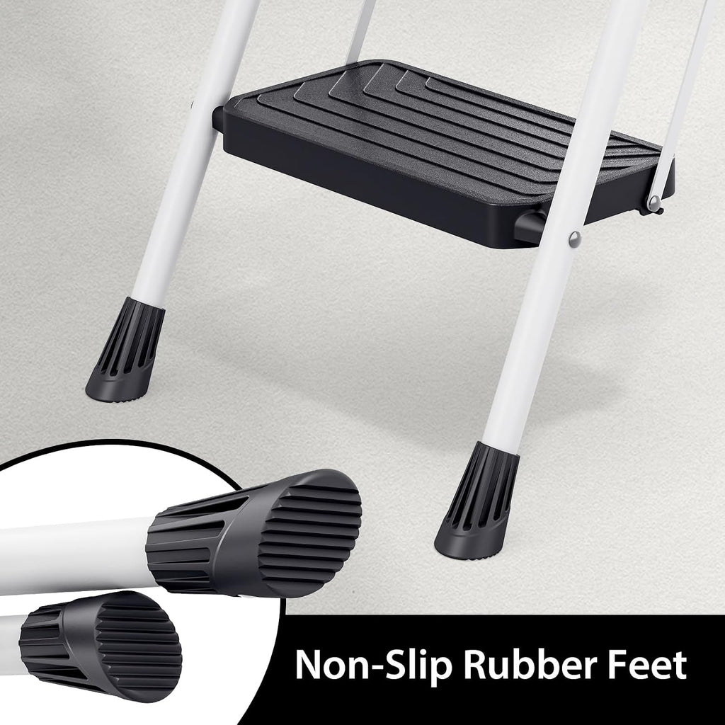 TOOLF 2 Step Ladder, Folding Portable Ladder with Anti-Slip Pedals, White