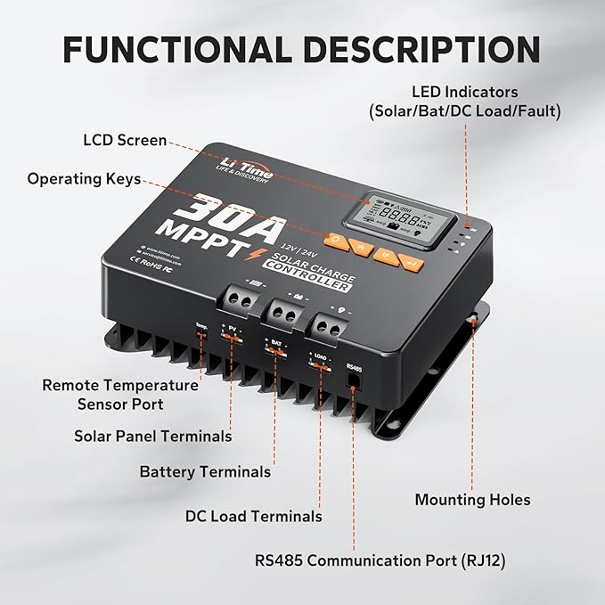 LiTime 30 Amp MPPT 12V/24V/Auto DC Input Solar Charge Controller Build-in
