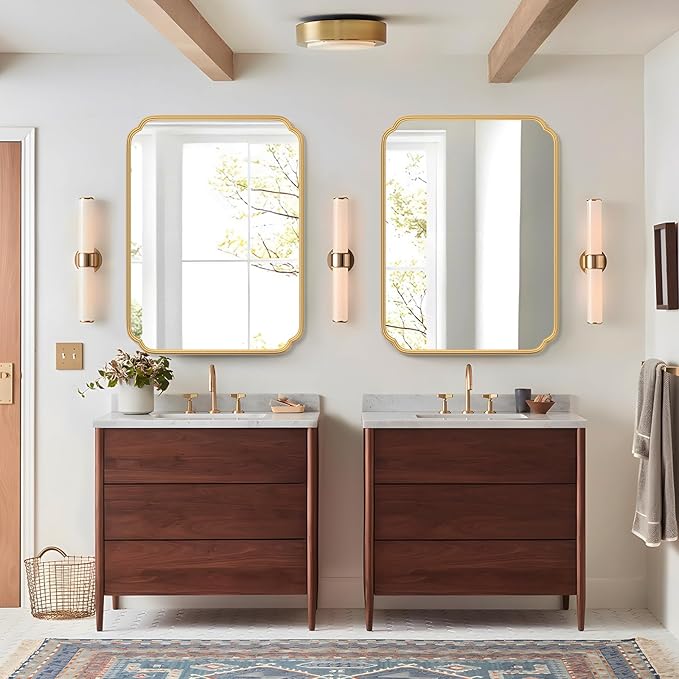 30" x 40"Gold Bathroom Mirror for Over Sink, Modern Rounded Corner Rectangle