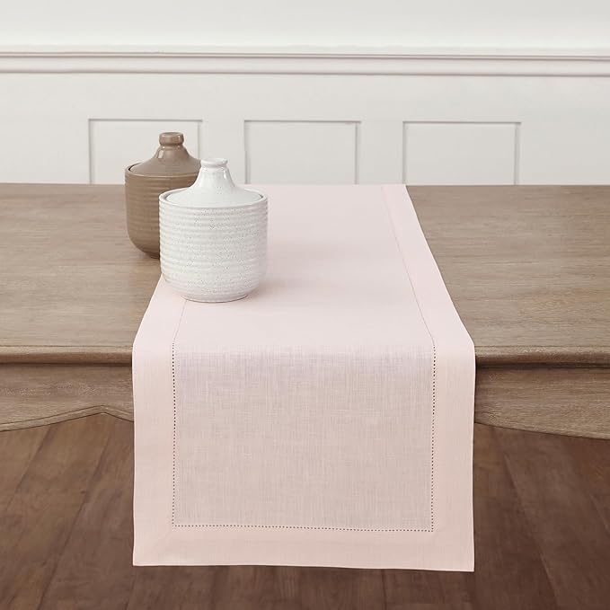 Solino Home Linen Pink Table Runner 60 Inches - Classic Hemstitch, 100% Pure Linen Coffee Table Runner 14 x 60 Inch Ideal for Dresser Tables - Halloween