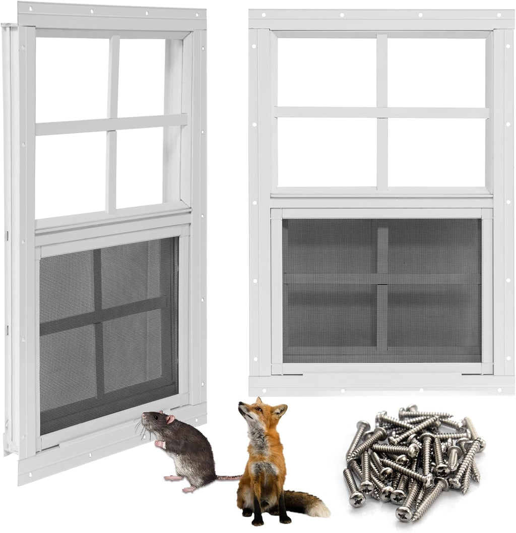 NeatiEase Upgraded Shed Windows 2 Pack, 20" x 30" Windows with Tempered Glass and Stainless Steel Screen for Shed, Chicken Coop, Playhouse, Household, Garage(White)