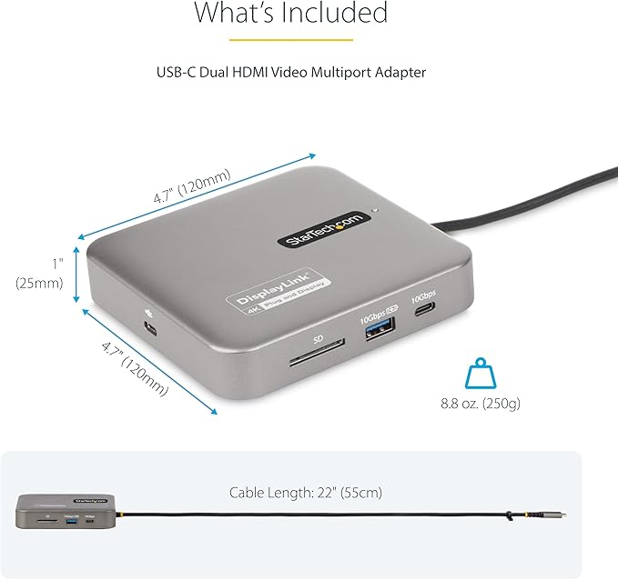 StarTech.com 7-in-1 USB C DisplayLink Dual Monitor Docking Station, 4K 60Hz