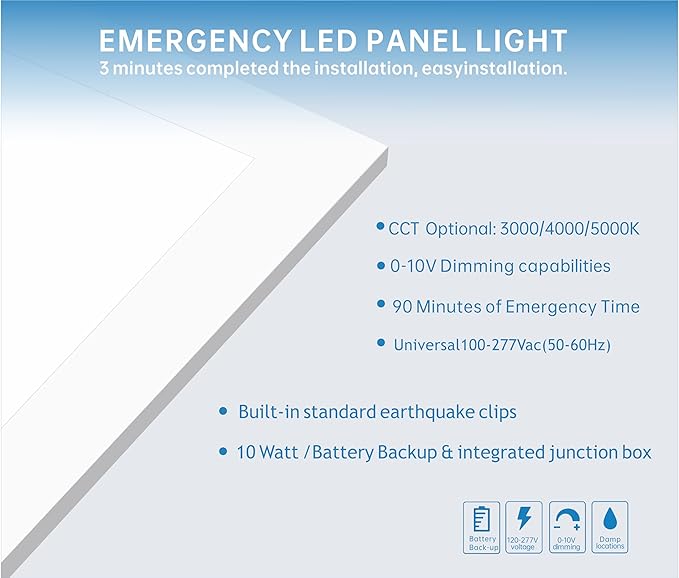2X4 LED Flat Panel Light with Emergency Battery Backup, 50W 3000K/4000K/5000K (2 Pack)