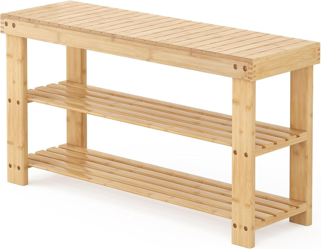 DUMOS Wooden Shoe Rack Bench, 3-Tier Bamboo Entryway Benches with Storage, Holds Up to 286 lb Storage Organizer, Suitable for Bedroom Living Room Balcony, 11.3 x 35.43 x 17.8 Inches, Natural Bamboo