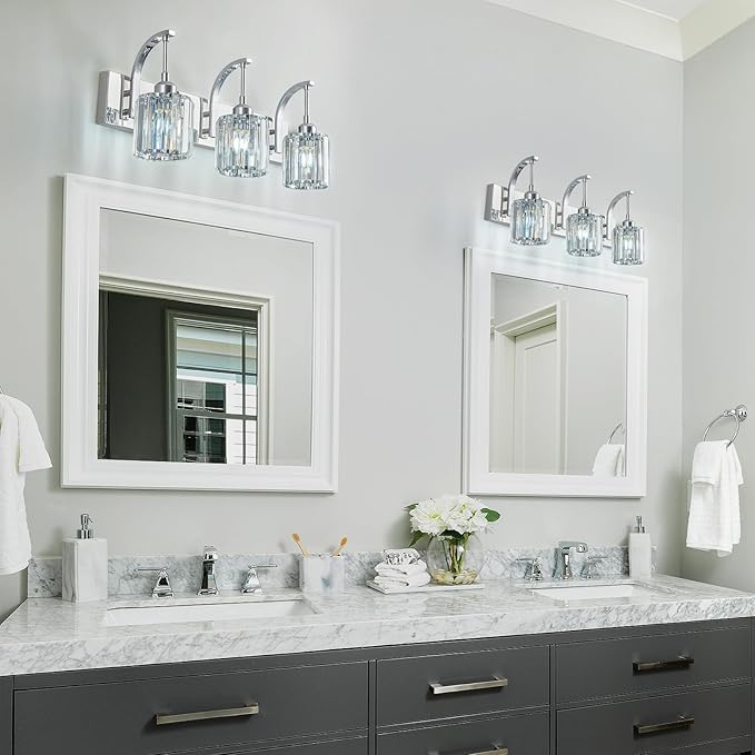 FDPBY 3-Light Crystal Vanity Light, Modern Chrome Bathroom Wall Sconce