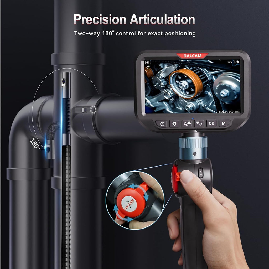 ralcam dual lens articulating borescope camera with light, side view