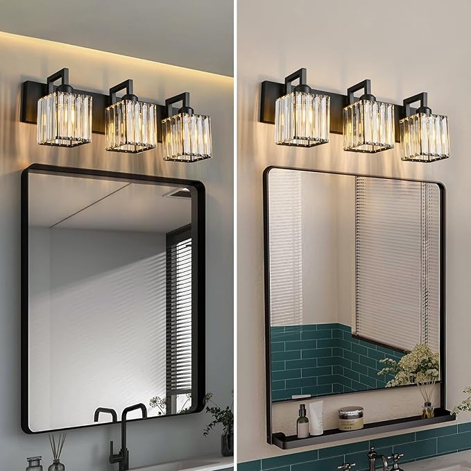 FDPBY Modern Bathroom Vanity Light 3-Lights Black Crystal Wall Lamp Bathroom