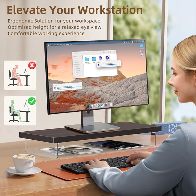 Dual Monitor Stand Riser, Wooden Desktop Organizer Shelf
