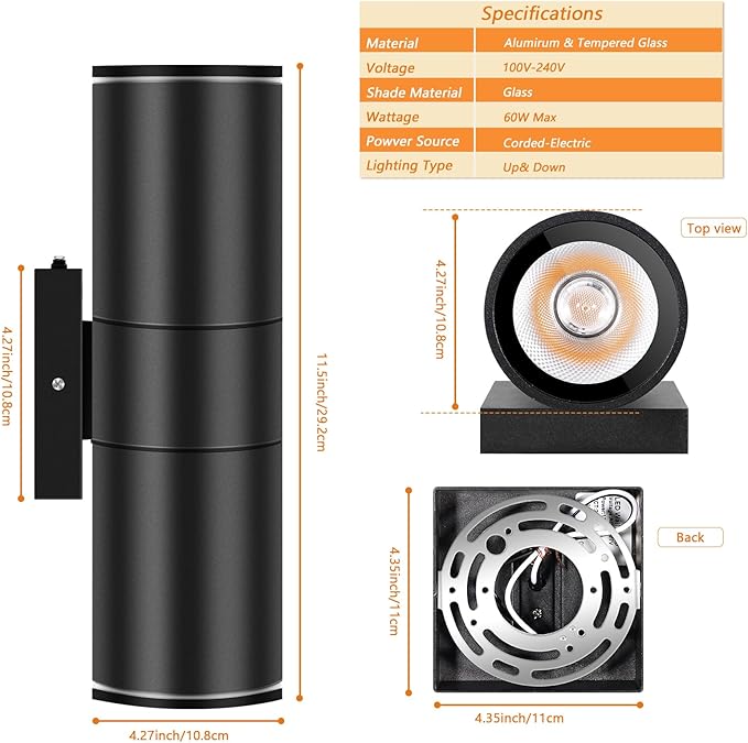 RIDALUX Dusk to Dawn Outdoor Wall Lights: 2 Pack Sensor Waterproof Cylinder Up