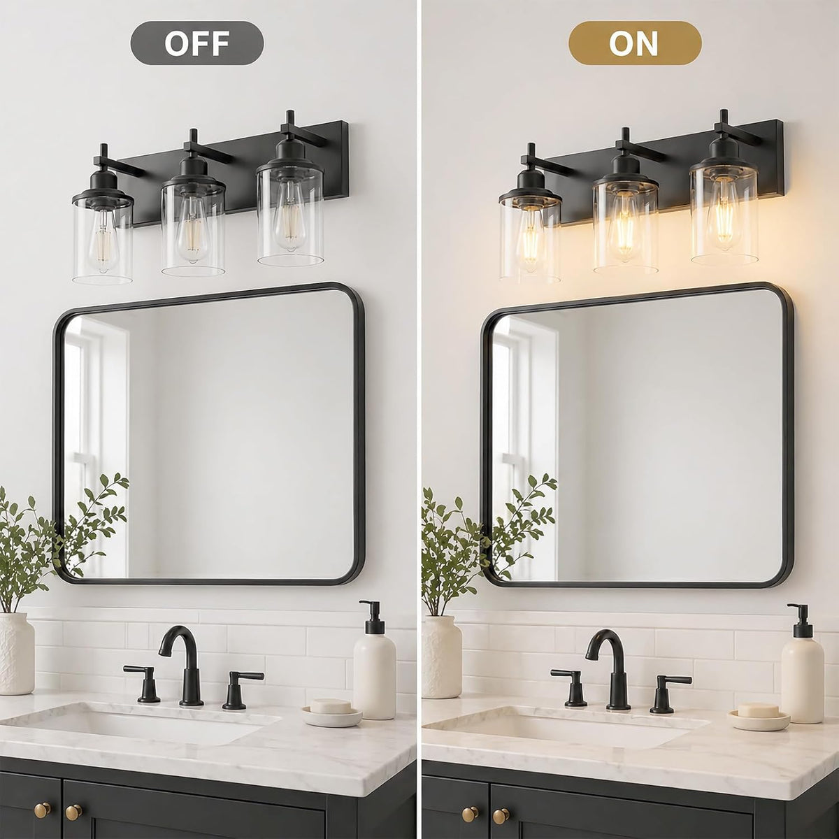 Lanhall 3-Light Black Bathroom Light Fixture Over Mirror Modern Farmhouse Bathroom Vanity Light Vintage Wall Lighting with Clear Glass Shade for Bathroom, Bedroom, Hallway, Cabinet