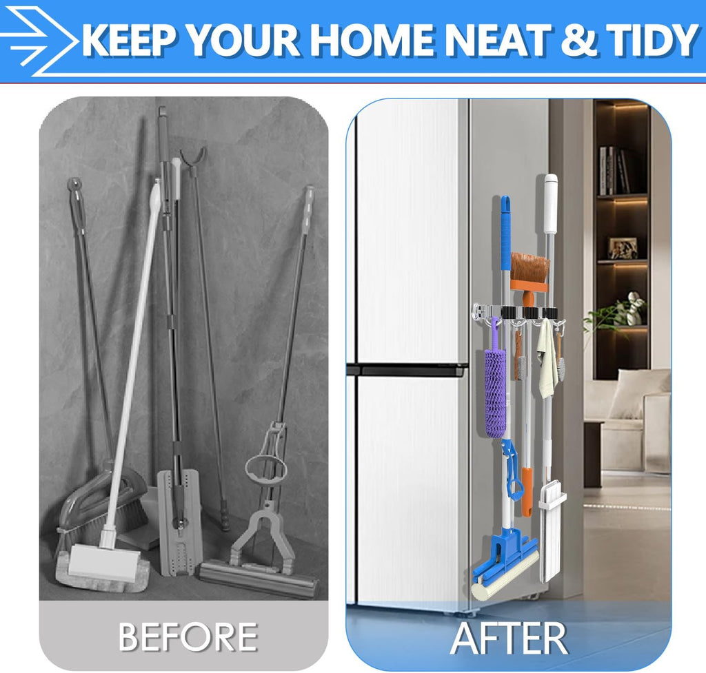 3-H Magnetic Broom Holder, 2 Pack, 3 Racks & 4 Hooks, Silver