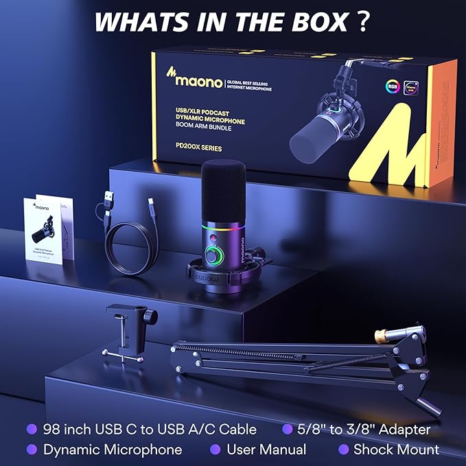 MAONO XLR/USB Dynamic Microphone Kit, RGB Podcast Mic