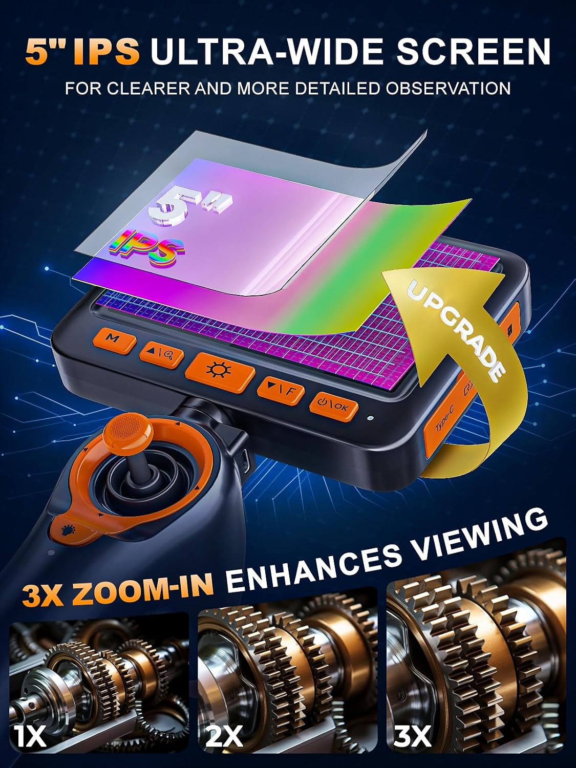 360°articulating borescope camera - 5" hd 1080p inspection, close-up detail