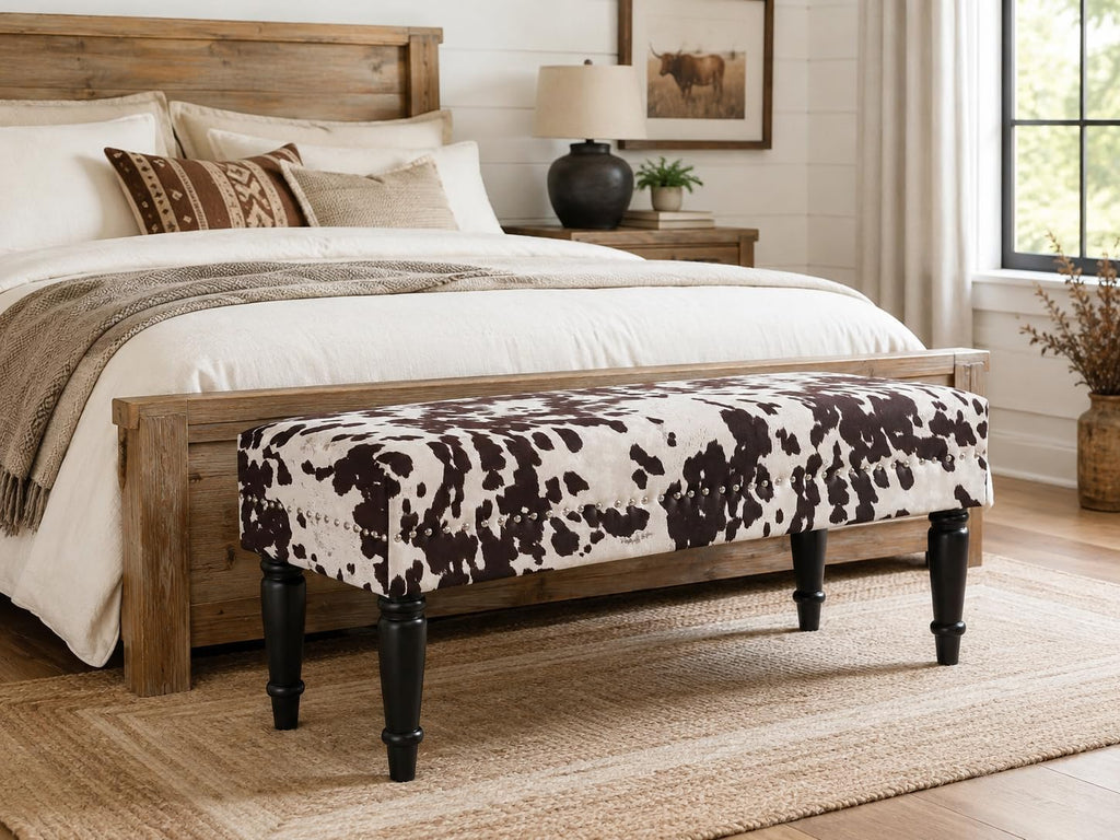 Homebeez 39.4" Cow Print Bench, Upholstered Bedroom Cowhide Bench, Western Bench Footstool with Wood Legs, for Entryway Dining Room Living Room Bedroom End of Bed (Brown Cow)