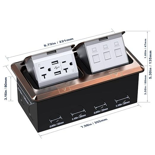 KYHSHJ Dual Pop-Up Floor Electrical Outlet Box Kit，20 Amp Stainless Steel USB