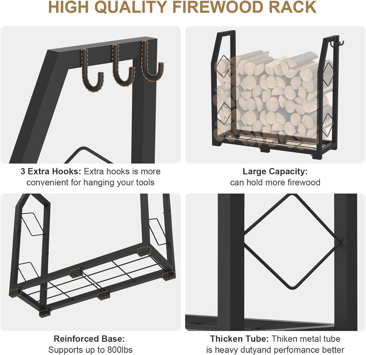 vygrow firewood rack for outdoor, firewood holder with, side view
