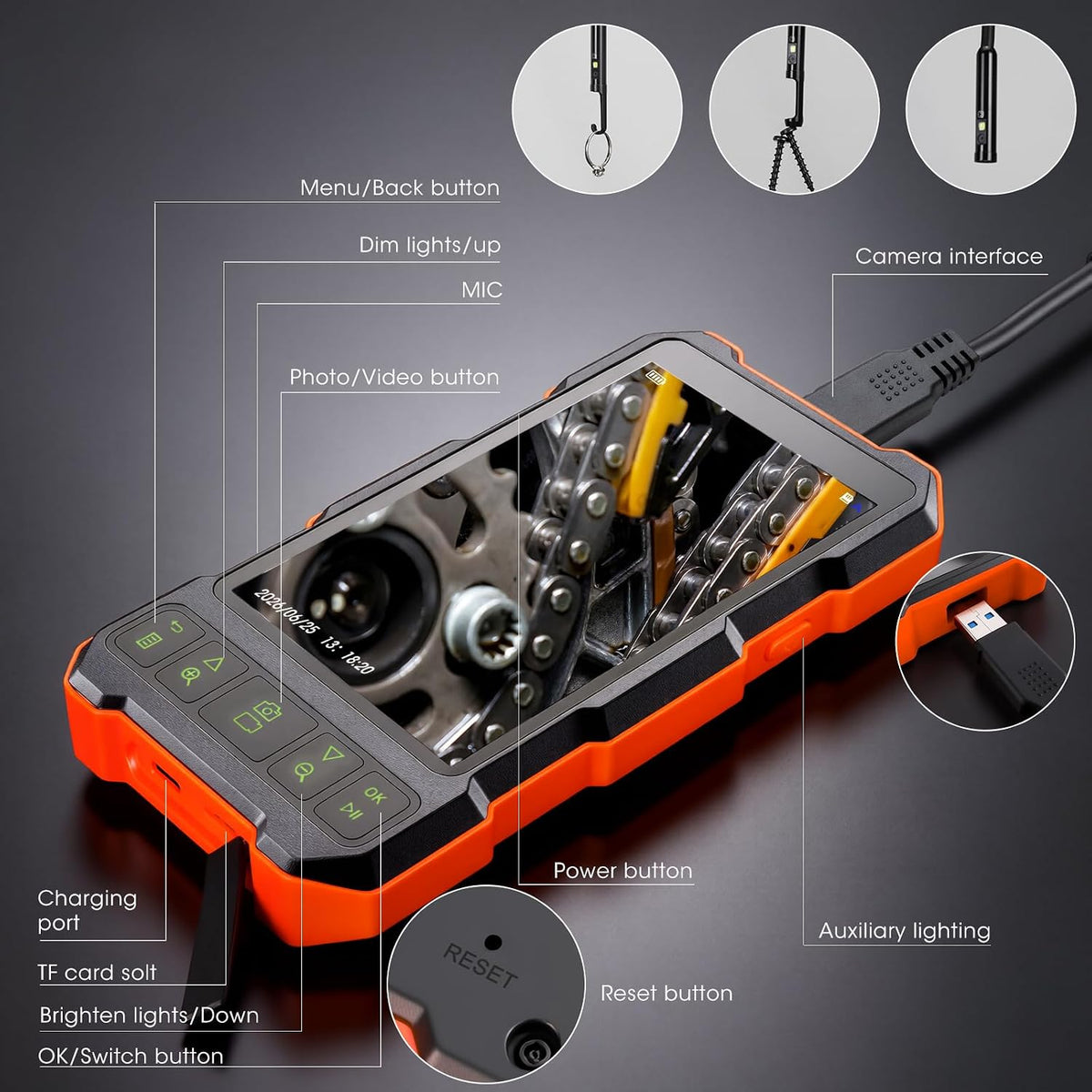 epicmate 50ft triple lens inspection camera,5”ips screen endoscope, view 9