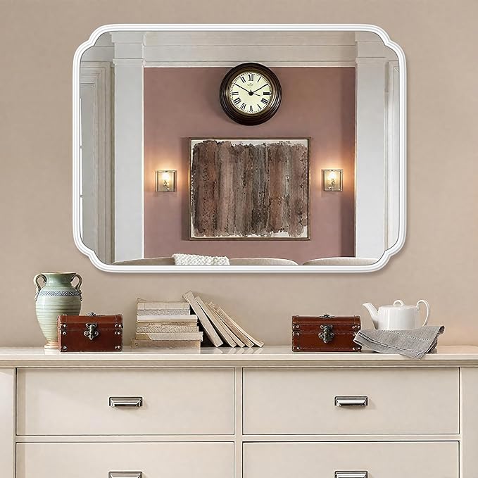 White Bathroom Vanity Mirror for Over Sink 30" x 40" Modern Rounded Corner