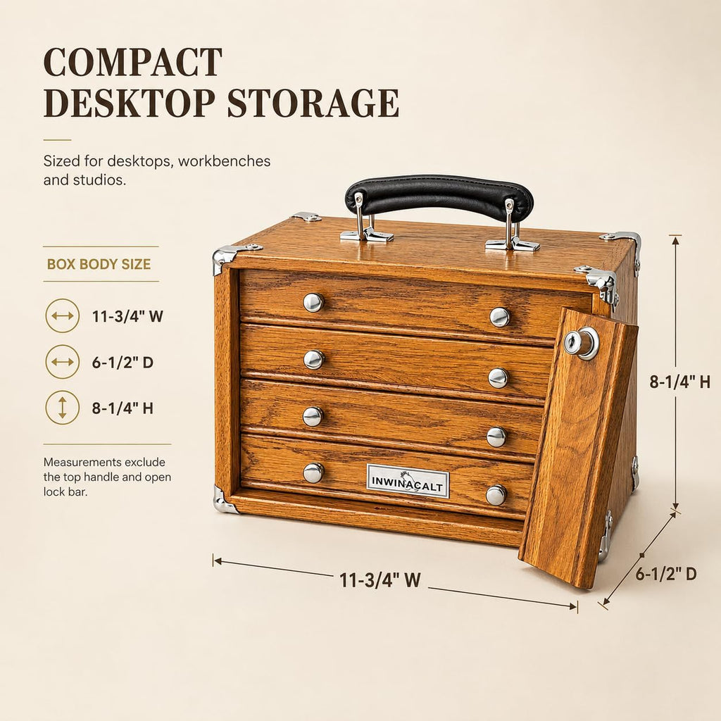 heritage 4-drawer desktop tool box, lock & felt shown in use