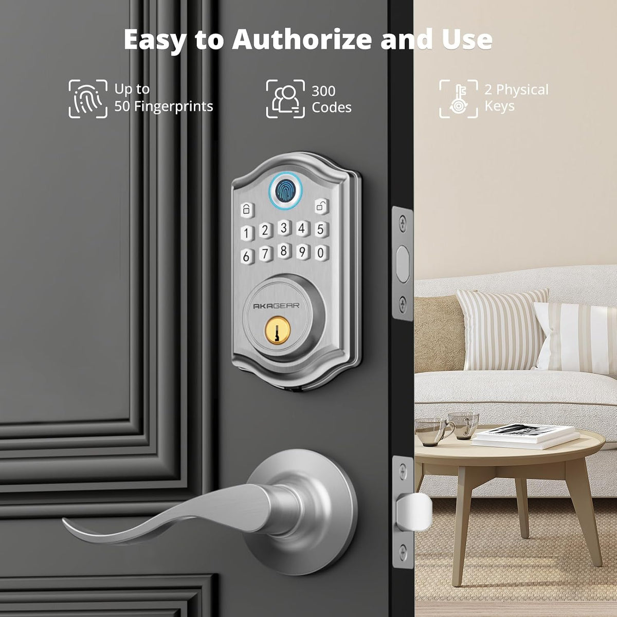 AkaGear Fingerprint Keyless Entry Door Lock with Lever Handle Set, Nickel