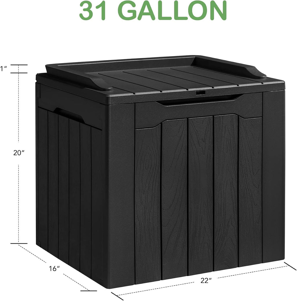 homall 31 gallon resin deck box waterproof outdoor showing dimensions