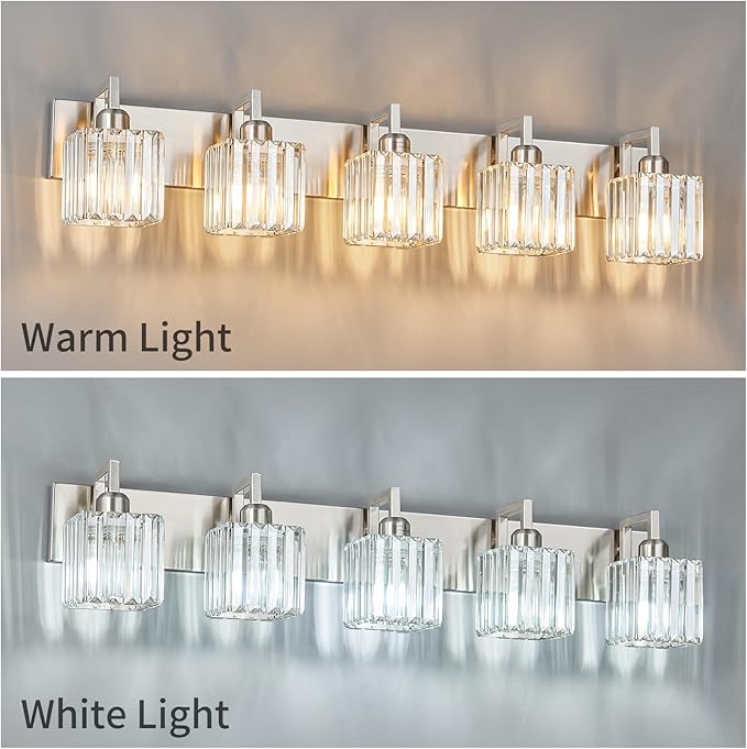 FDPBY Modern Bathroom Vanity Light 5-Lights Brushed Nickel Vanity Light Crystal