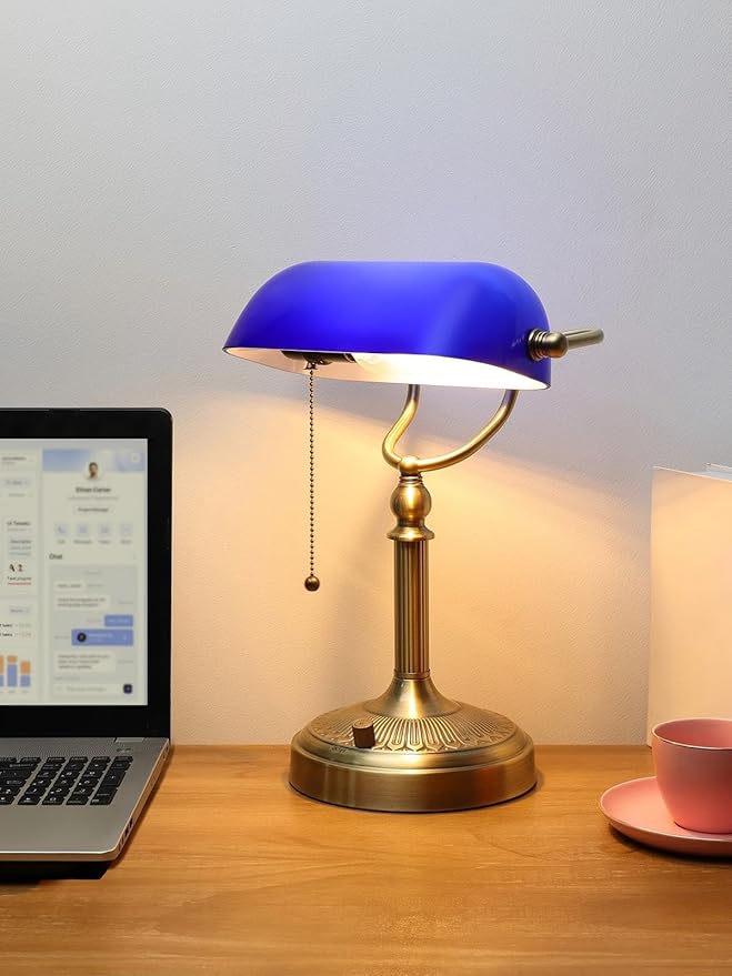 Newrays Blue Glass Bankers Desk Lamp, Stepless Dimmable Table Lamp Plug in